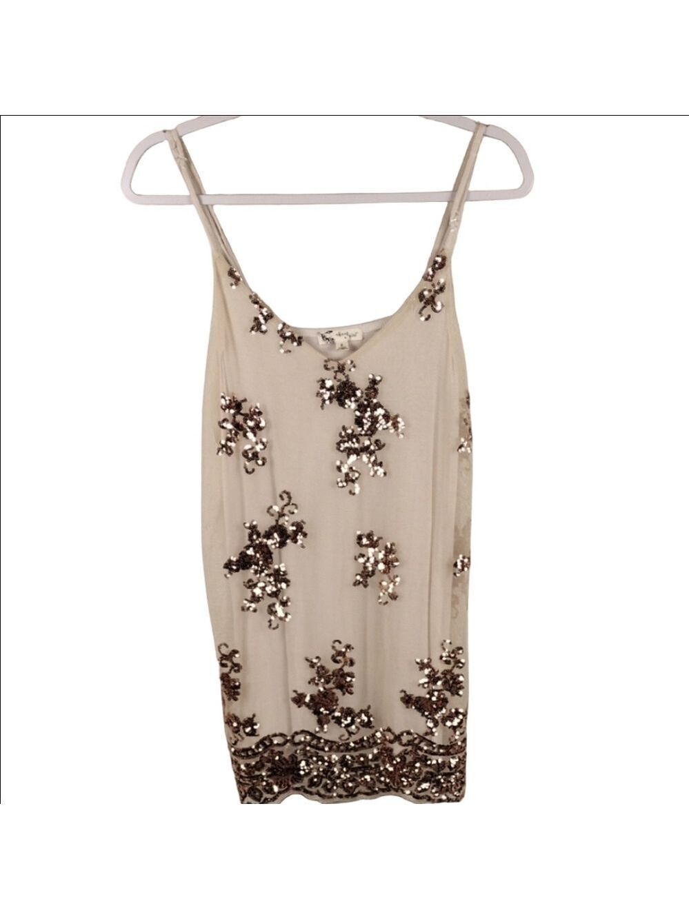 About A Girl Cream Tan Tulle Metallic Sequin Overlay Spaghetti Strap Tank Top - Picture 1 of 16